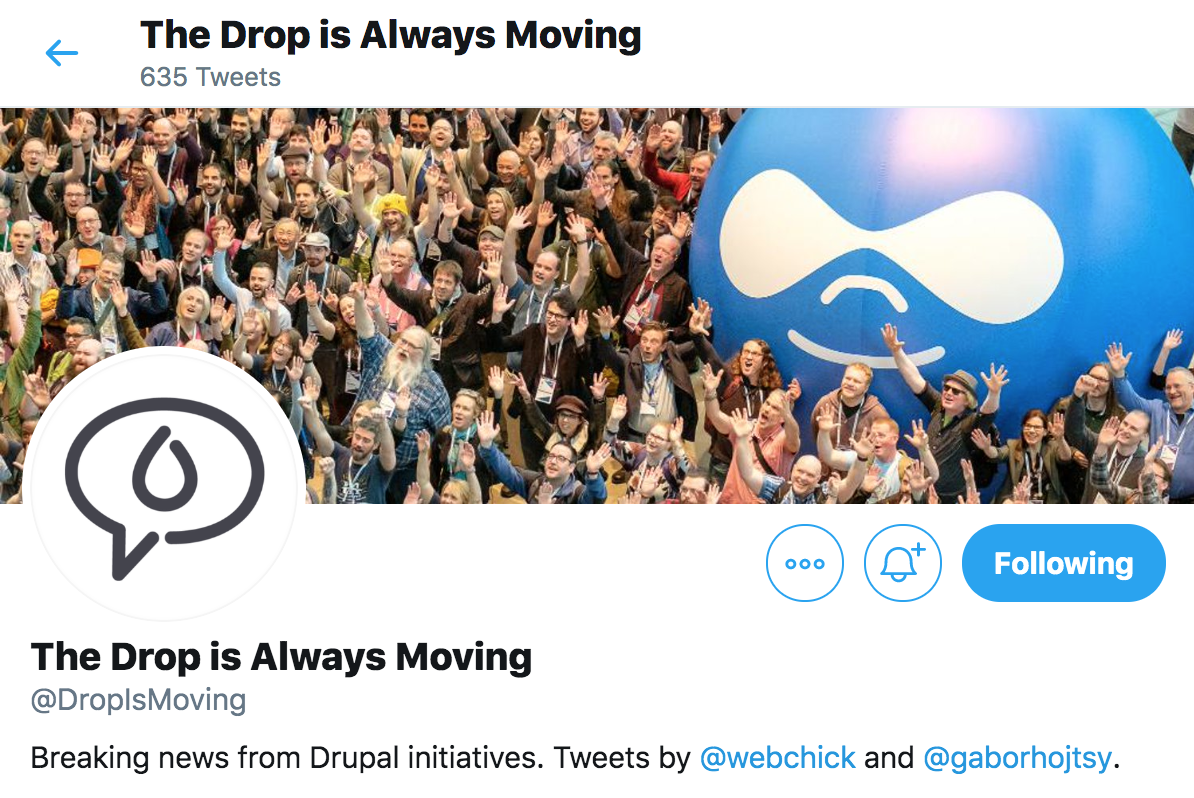 Twitter account @DropIsMoving maintained by @webchick and @gaborhojtsy at twitter.com/dropismoving