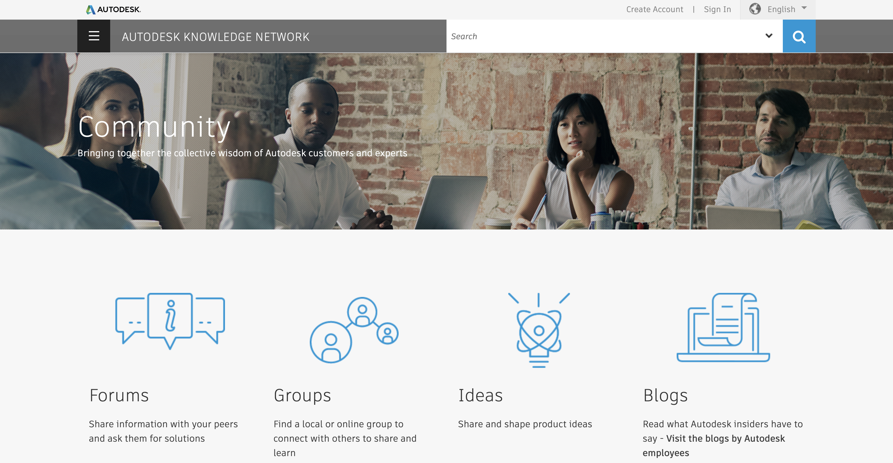 landing page preview of autodesk knowledge community portal