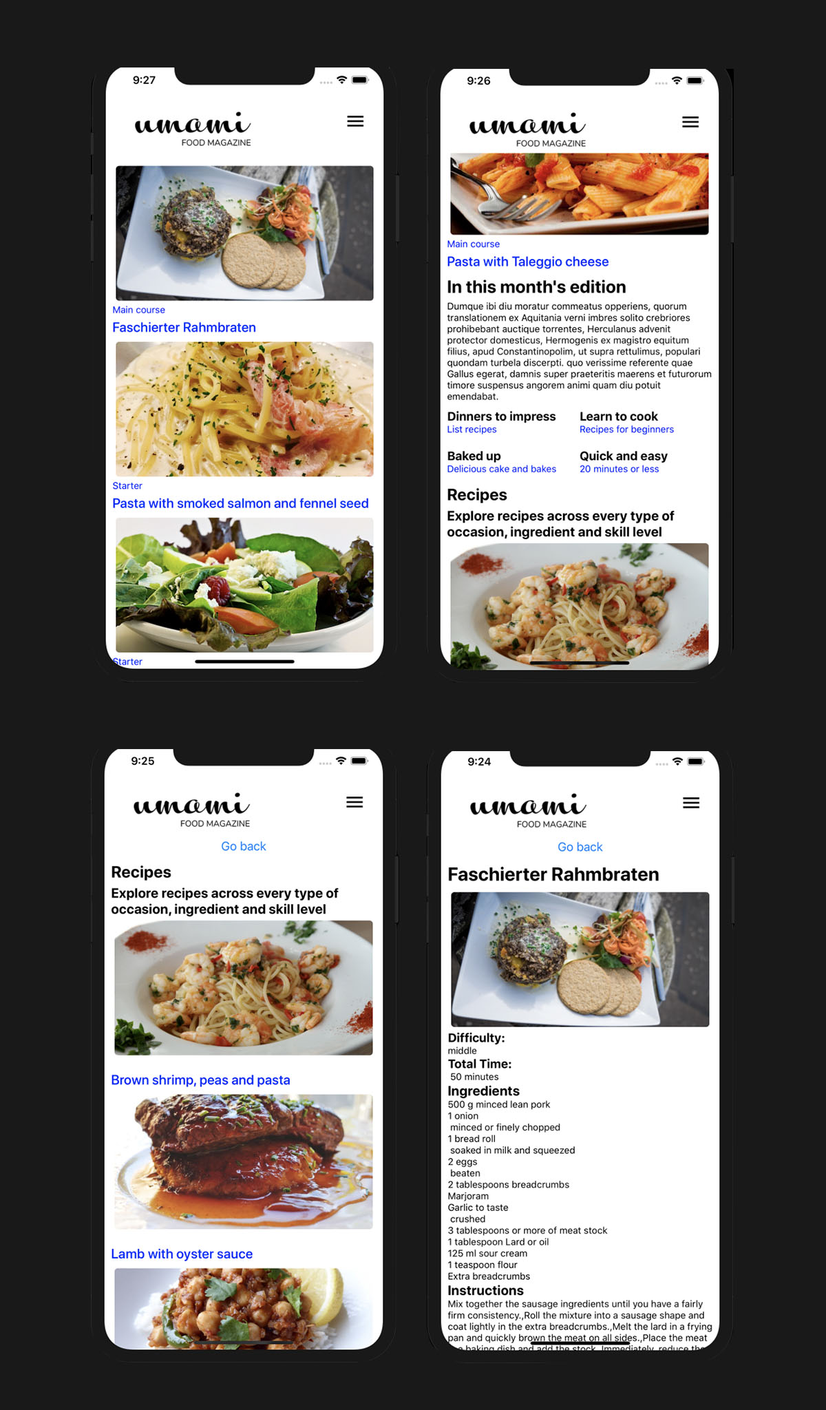 Four mobile screens displaying umami recipe and home page built with react
