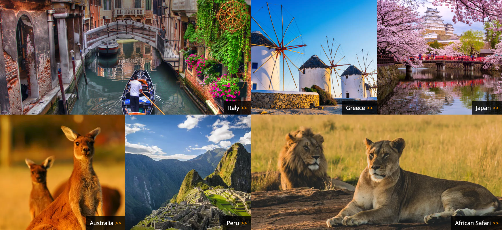 Responsive image grid highlighting areas of travel on Zicasso's homepage