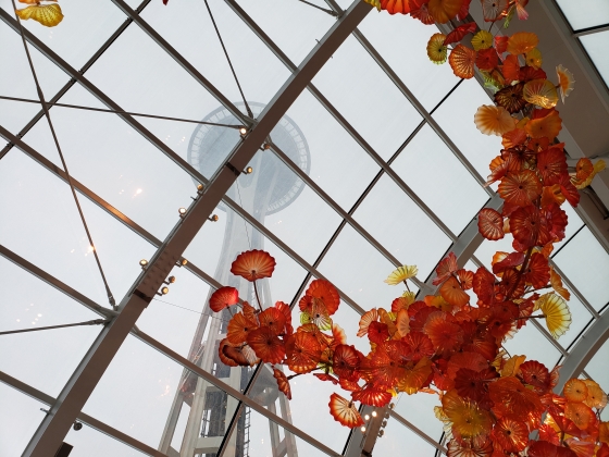 View of space needle from inside chihuly garden