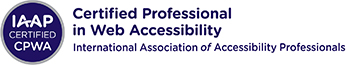 IAAP CPWA small circular badge and horizontal name logo for International Association of Accessibility Professionals (IAAP) Certified Professional in Web Accessibility (CPWA) credential. To the left is a dark blue circle with three lines of centered white text that read: IAAP Certified CPWA. There is a smaller silver circle that surrounds the dark blue inner circle that designates the CPWA credential color scheme. To the right, three lines of dark blue text. Top text reads Certified Professional, second line reads in Web Accessibility, third line reads International Association of Accessibility Professionals.