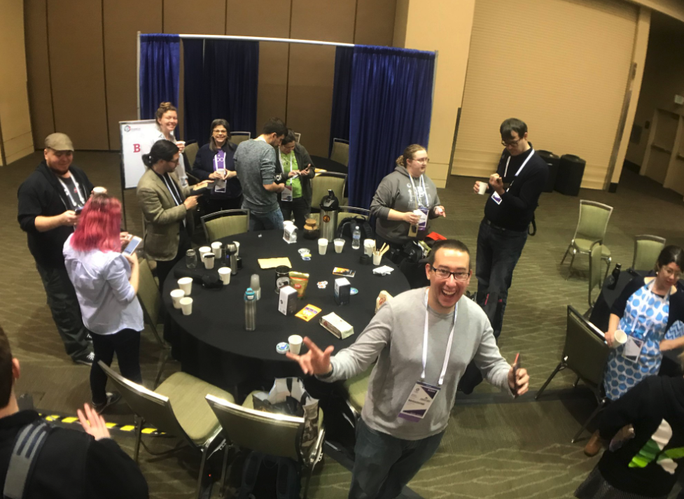 Aerial view of Adam Bergstein and other coffee BoF attendees