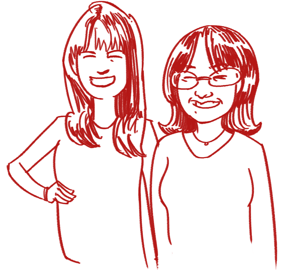 red sketch of kristen with hand on hip standing next to aimee with glasses