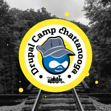 Drupal Camp Chattanooga logo overlaying a Tennessee forest with train tracks