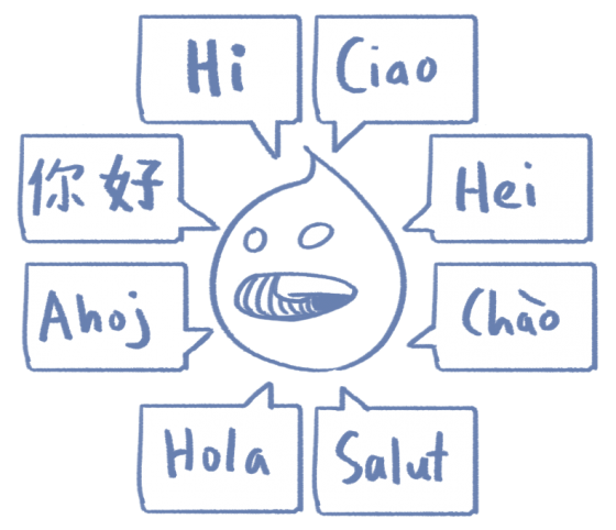 Drupal logo saying hello in multiple languages