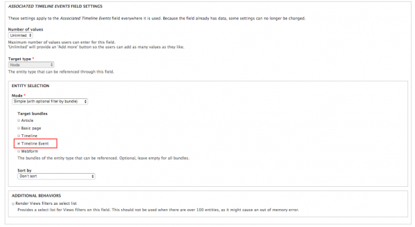 Entity Selection and Target Bundles for Timeline Event Content Type