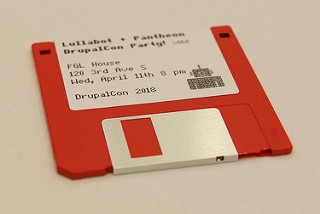 Red floppy disk invite for Lullabot party