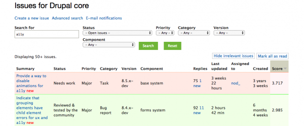 Drupal issue queue highlighting a11y issues