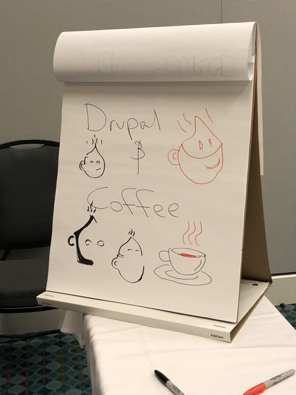 DrupalCon Nashville Coffee Birds of a Feather drawing pad with drupal drops and cups of coffee