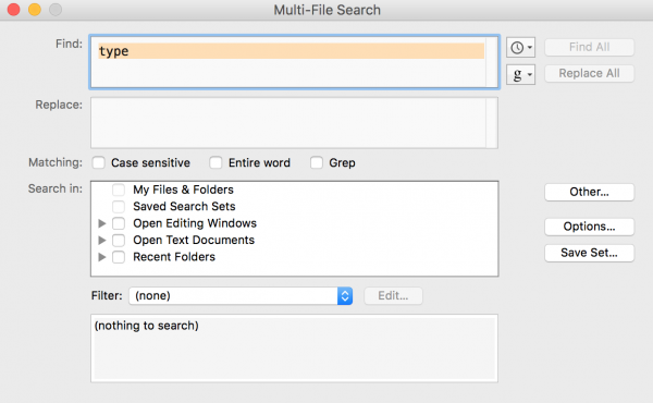 TextWrangler File Search window