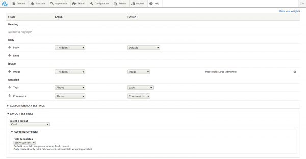 The display options for UI patterns, showing off integrations for various contrib modules