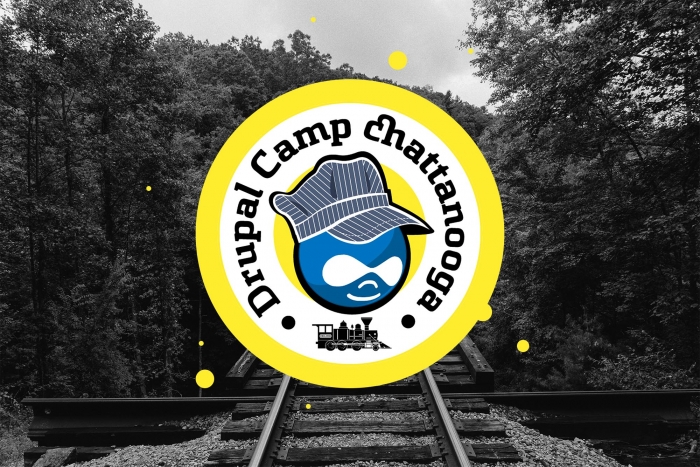 Drupal Camp Chattanooga logo overlaying a Tennessee forest with train tracks