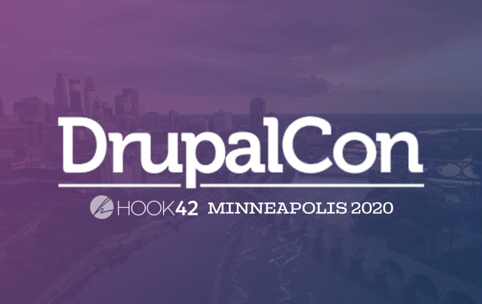 DrupalCon and Hook 42 logos overlooking an aerial view of minneapolis, mn