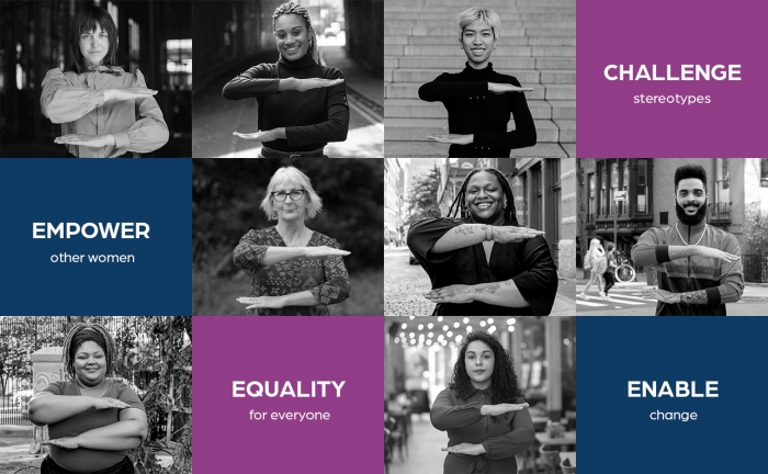 Collage of women showing equal symbol with their arms with phrases equality, empower, challenge, and enable surrounding them