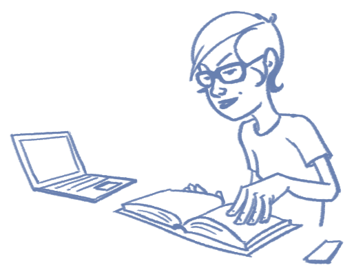 Drawing of a developer reading a book