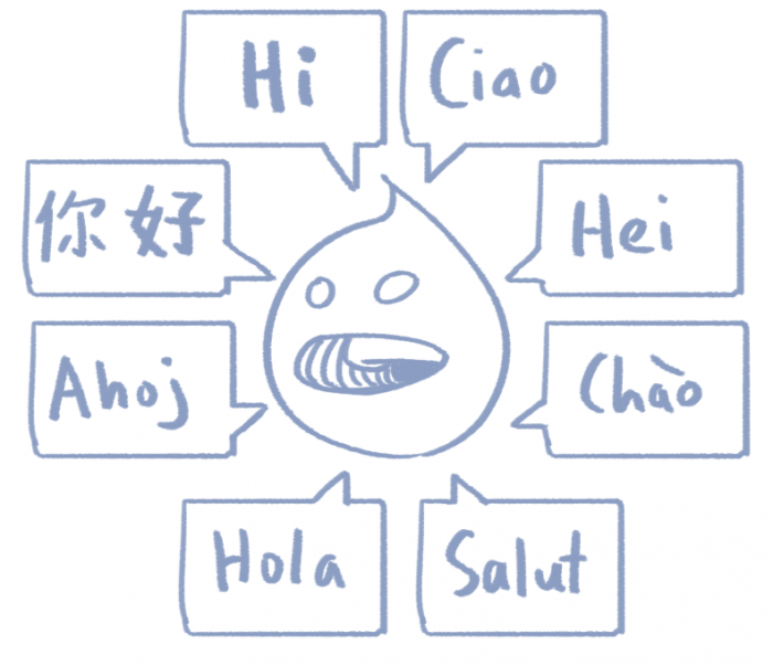 Drupal logo saying hello in multiple languages